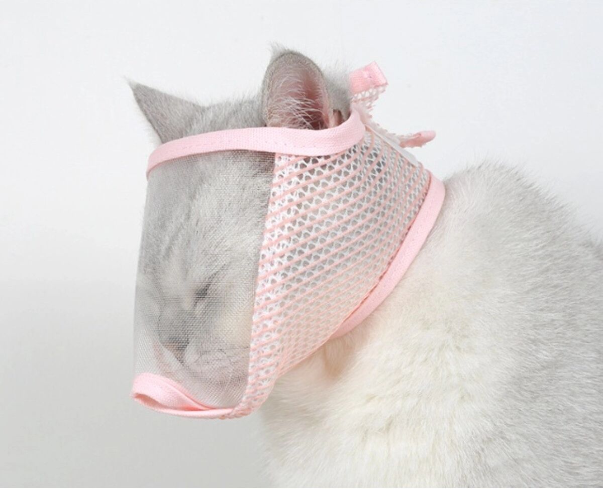 INF Atmungsaktive Haustier-Gesichtsmaske für Katzen, Anti-Beiß-Mesh-Abdeckung für Fellpflege, Reinigung und Baden L Rosa