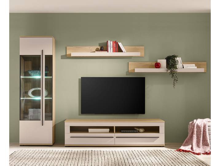 Wohnwand 4-teilig - 2 Wandboards Spanplatte, beschichtet Beige/Kaschmir/Eiche Dekor 240cm