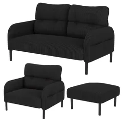 Cord 3er-Set Sofa, Sessel und Hocker mit ergonomischer Rückenlehne – flexibles Design und maximaler Komfort Schwarz
