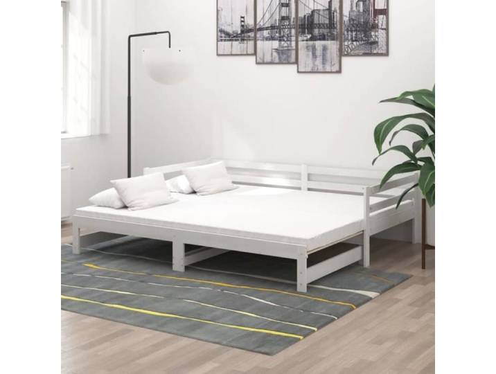 Lit coulissant en bois de pin massif blanc KEENSO - 2x(90x200) cm - multifonctionnel - avec panneau latéral