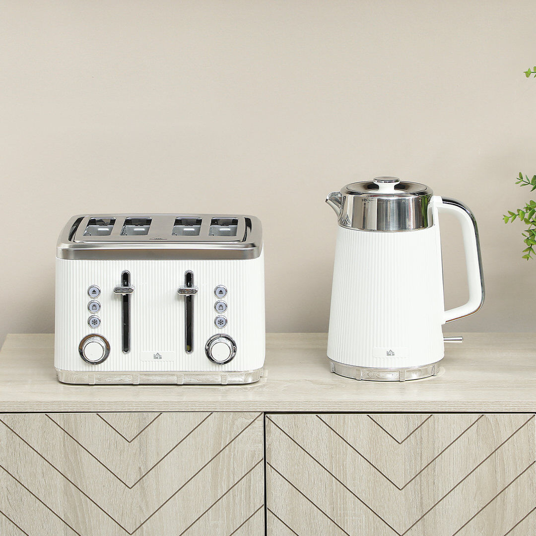 HOMCOM 1.7L 3000W Rapid Boil Kettle and 4 Slice Toaster Set Crumb Tray White 4 - Slice
