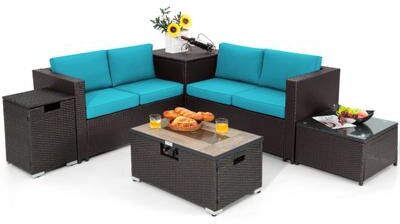 Costway 6 Pieces Outdoor Wicker Furniture Set with 32 Inch Propane Fire Pit Table-Turquoise