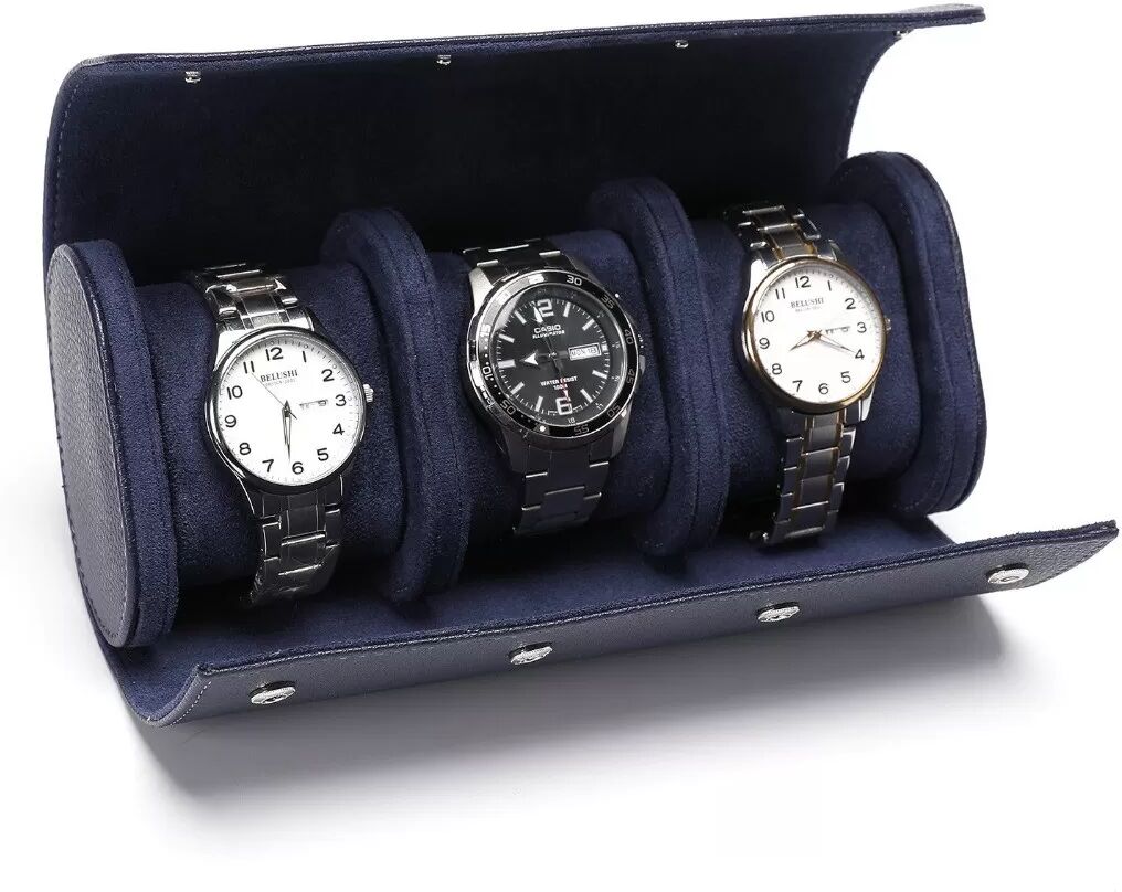 INF Boîte de Rangement de Voyage pour Montres en Cuir PU Bleu Profond à 3 Emplacements