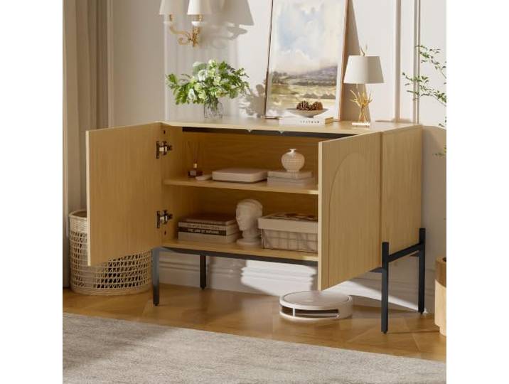 Aunvla Sideboard mit 2 Türen und Metallbeinen, Buffet, Kommode mit bogenförmigem Linien-Design, moderner minimalistischer Stil, Natur, Maße: B 100 cm/H 75 cm/T 40 cm