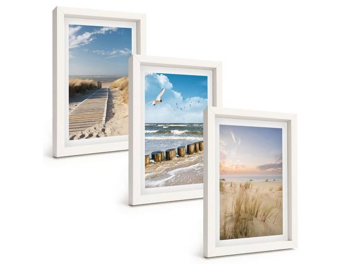 BILDER SET 3er Set - 20x30 cm Weißer Rahmen - Strand, Sand, Wellen, Himmel, Vögel