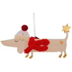 Weihnachtsanhänger Dackel Good old friends crème, Schal rot orange, Designer Sarah Baumann, 14x7 cm