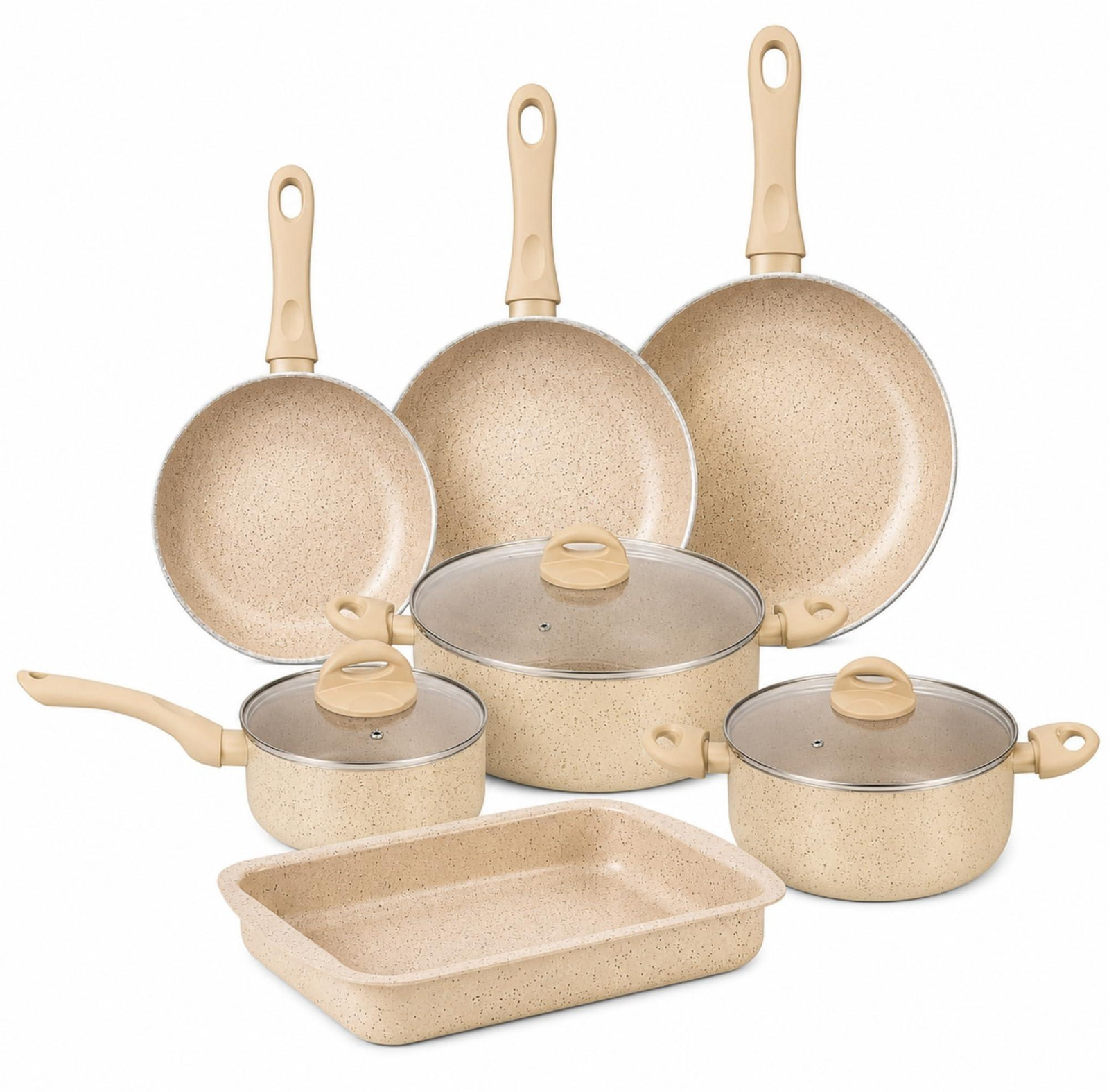 Dripio Kookgerei-set, 10-delig, marmerlook, beige, geschikt voor inductie