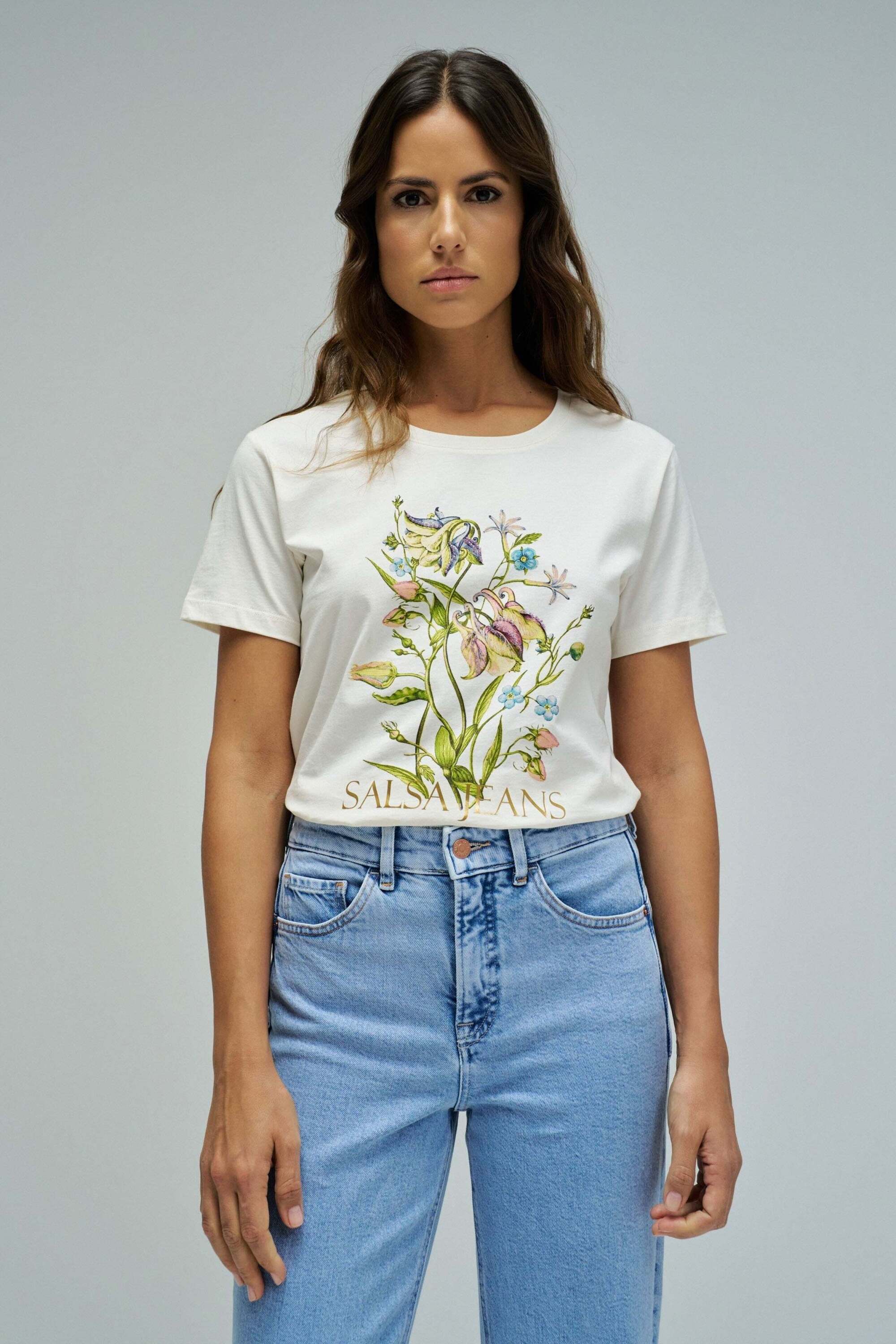 T-Shirt SALSA "Salsa Jeans T-Shirt Flower Print", Damen, Gr. L, weiss (weiß), Obermaterial: 100% Baumwolle CO., Shirts T-Shirt weiß L