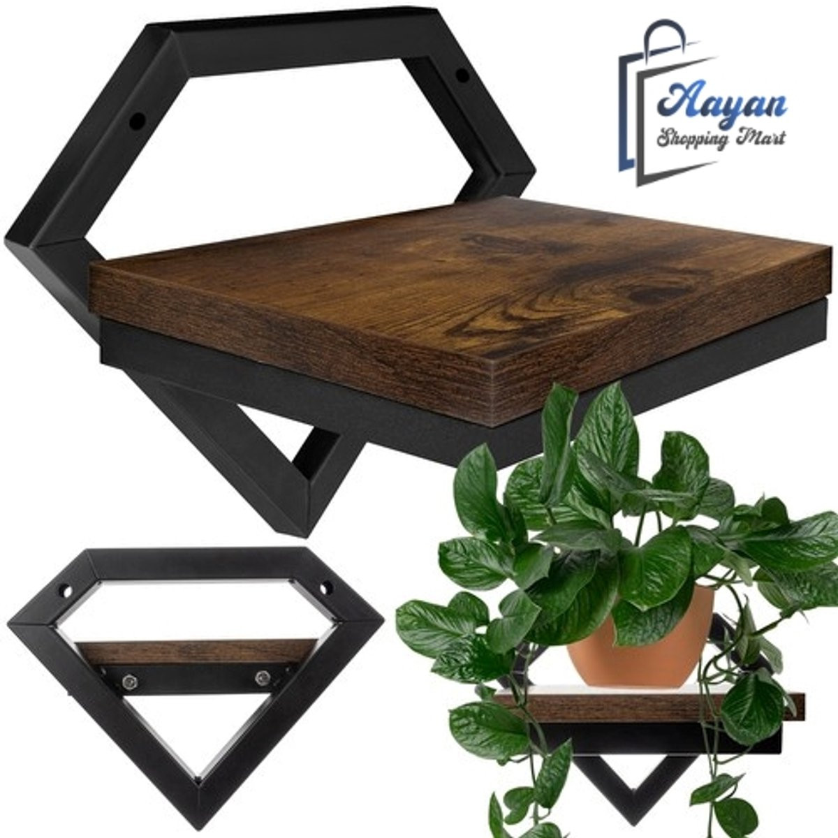 Loft Wandplank Bloemenrek Industrieel Metaal en MDF - Zwart
