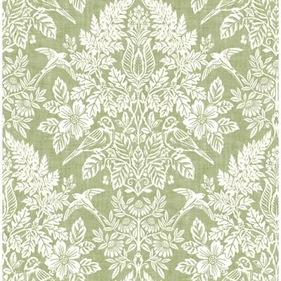 Chris Loves Julia x A-Street Prints Finch Light Green Woodland Damask Wallpaper