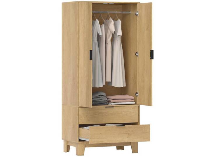 Armoire Penderie AoSenYunZhou 2 Portes Cannelées Fermeture Douce 2 Tiroirs Tringle Vêtements Bois Naturel 80x50x180cm