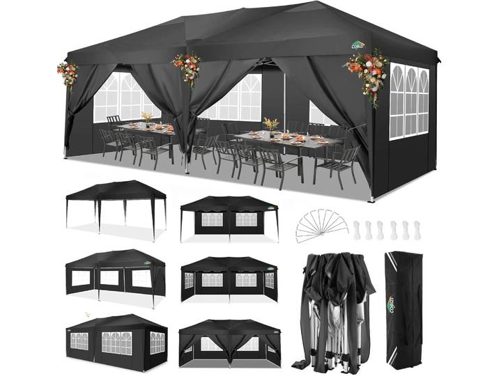Gazebo pliant 3x6, tente pare-up imperméable et coupe-vent avec 6 parois latérales, 3 hauteurs réglables, Protection UV, tente de fête
