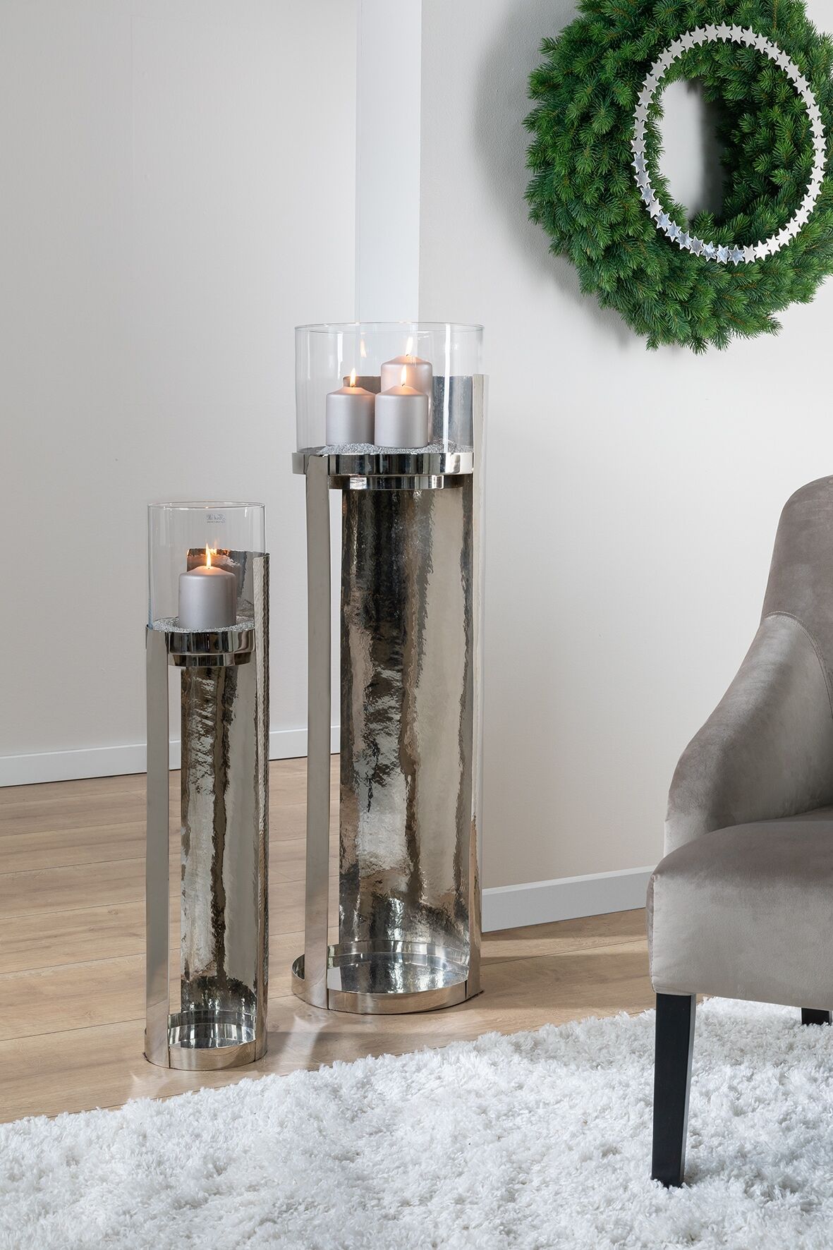 Windlicht FINK "MANIAC", silber (silberfarben), H:87,5cm Ø:17cm, Edelstahl, Glas, Kerzenhalter, Windlicht, Kerzenhalter, Säule aus Edelstahl, mit Glaszylinder silberfarben B/H/T: 87,5cm