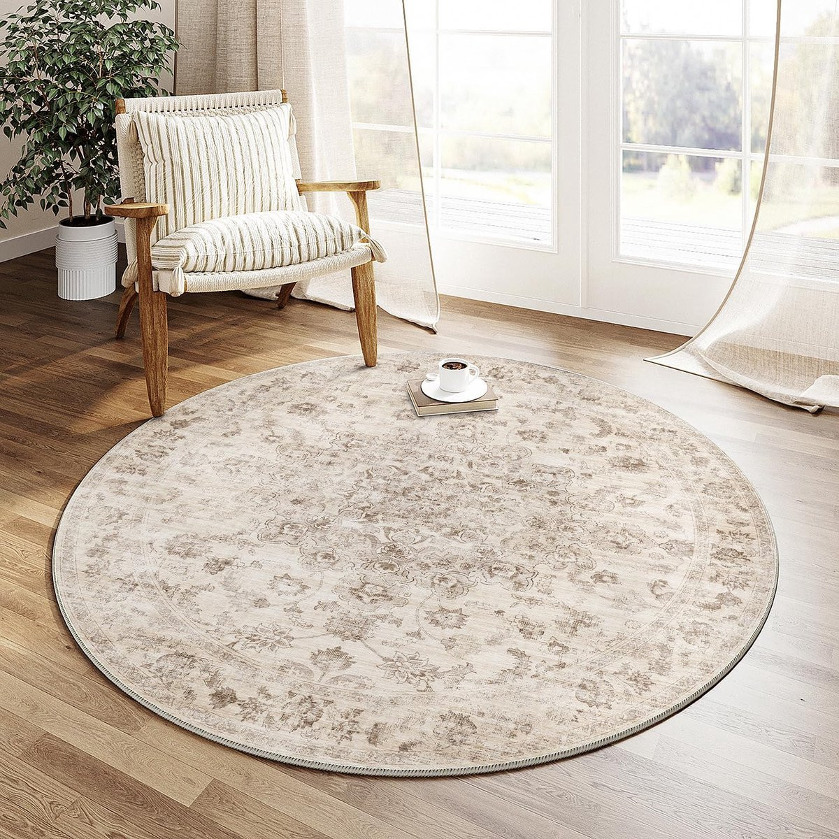 Vintage Rond Vloerkleed Beige - Retro Ethnic Tapijt van Polypropyleen