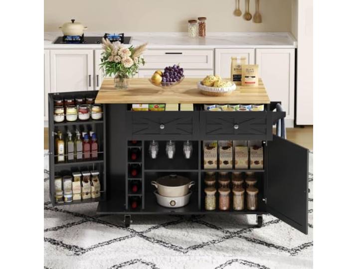 Fiednoy Küchenwagen auf Rollen, klappbare Arbeitsplatte,Schwarz, 120x89 cm Mobile Kücheninsel mit Schublade, Weinregal, Glashalter, Handtuchhalter, Türregal, 360° Rollen, 5-Punkt-Stabilität，Esszimmer