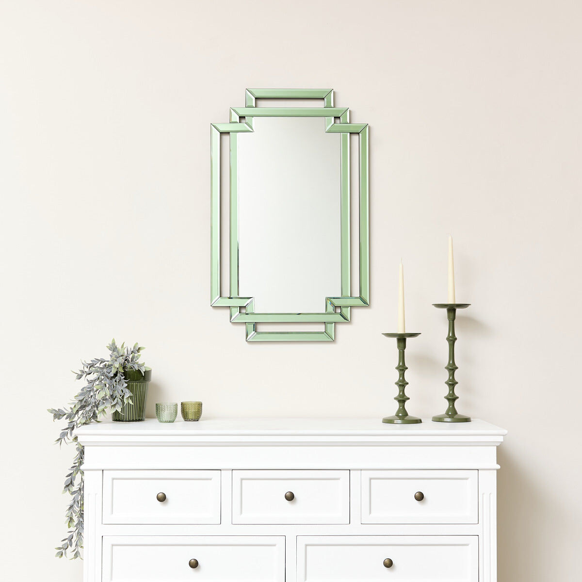 Green Glass Art Deco Rectangle Wall Mirror - 80cm x 50cm Wood, Resin, Glass