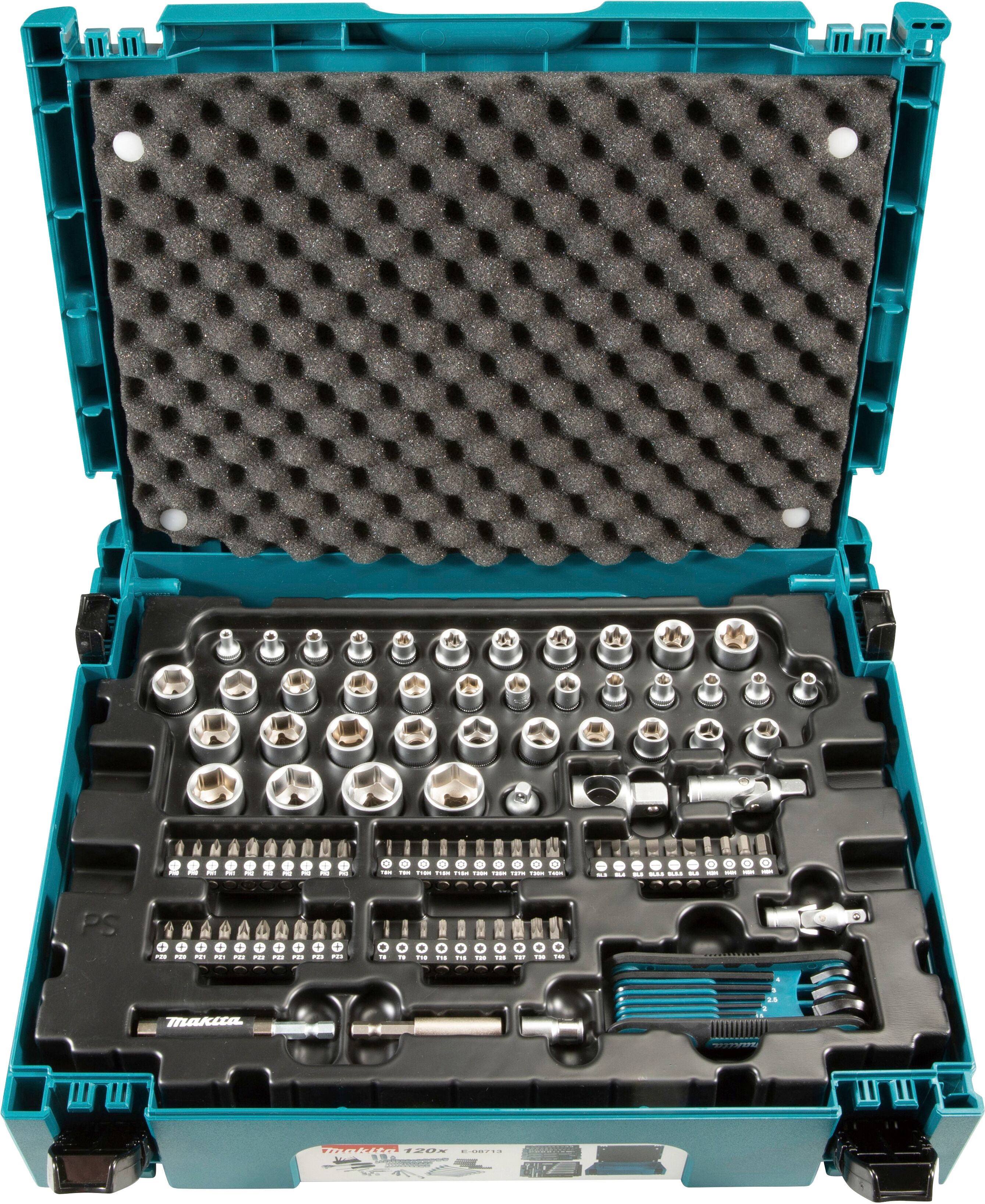 MAKITA Werkzeugset "E-08713", blau (petrol), B:29,5cm H:11cm L:39,5cm, Werkzeugsets, 120-tlg., Handwerk und Zubehör in einem MAKPAC Gr. 1, inkl. Koffer, Werkzeugset