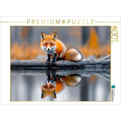 CALVENDO Puzzle Ein neugieriger Fuchs auf einem treibenden Baumstamm, umgeben von stillem Wasser | 1000 Teile Lege-Größe 64x48cm Foto-Puzzle für