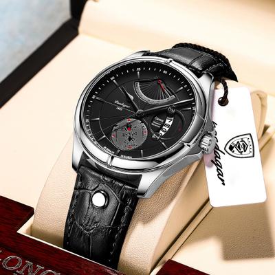 PRiME Luxury Business Men Quartz Wristwatch, Waterproof Luminous Date Leather Man Watch, Fashion Reloj Hombre 802 Silver Black