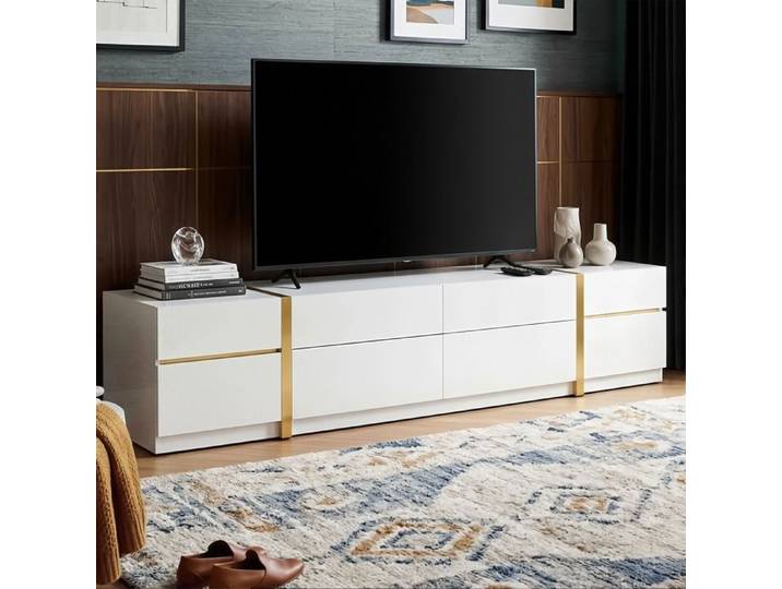 Meuble TV 180cm - Laqué Haute Brillance - 4 Tiroirs & 2 Portes - Style Italien Luxe - Blanc & Or