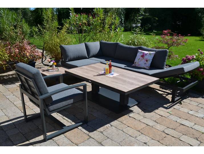 hochwertige Gartenecklounge Baltimore HPL Echtholzdekor + großer 150x90 cm Lift Tisch höhenverstellbar + 1 Lounge Sessel