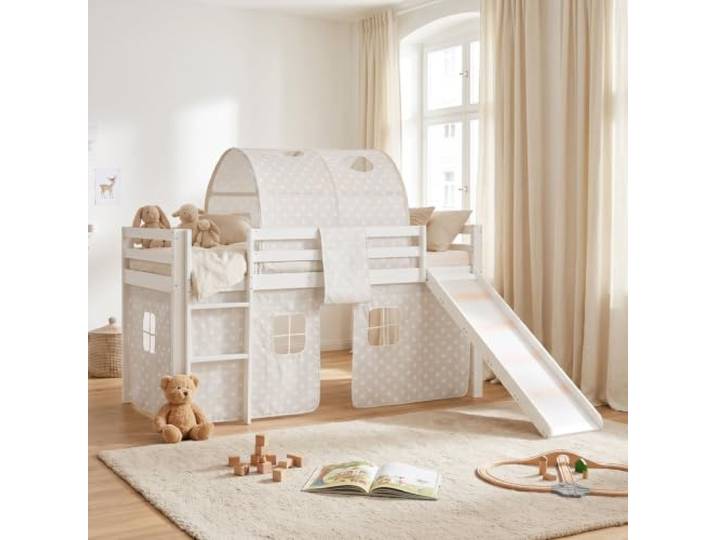 Homestyle4u Kinderbett Hochbett 90x200 cm - Weiß Kiefer mit Rutsche & Jugendbett inklusive Tunnel & Vorhang im Sterne Design - Stabiles Holzbett aus Kiefernholz massiv für Jungen & Mädchen