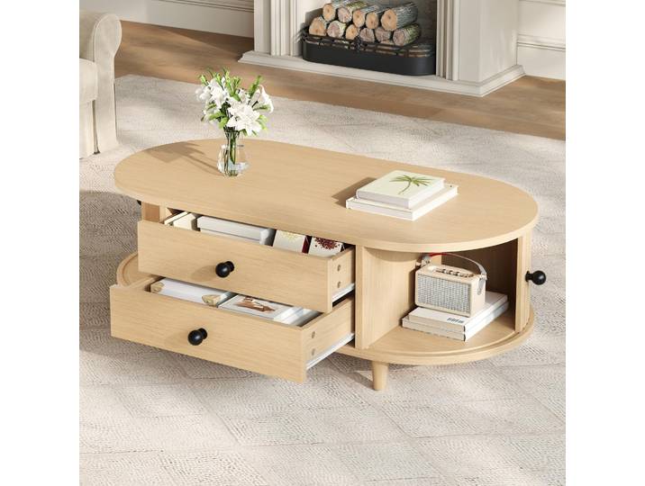 STILVORA Runder Couchtisch mit Rolltüren, kaffeetisch mit 2 Schubladen, Beistelltisch,Wohnzimmertisch, sofatisch mit Massivholzbeinen