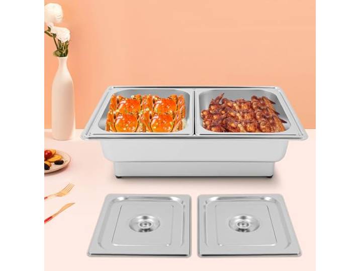 Warmhaltebehälter Buffetwärmer Speisenwärmer, 600W Elektrischer Edelstahl Chafing Dish, 2 Fächer Wärmebecken Intelligente Temperaturregelung 35-80 ℃ (13.5L)