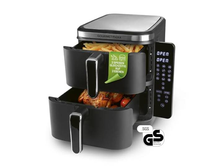 GOURMETmaxx FryUp XL vertikale Doppelkammer Heißluftfritteuse - 10 L Airfryer mit klappbarem Touchdisplay & platzsparendem Design Heissluftfritteuse 2 Kammern mit jeweils 5 Liter [Schwarz]