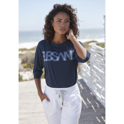 3/4-Arm-Shirt ELBSAND "Irja", Damen, Gr. XL (42), blau (coldwater), Jersey, Obermaterial: 50% Baumwolle, 50% Polyester, unifarben, figurumspielend hüftlang, Rundhals, Shirts 3/4-Arm-Shirt, mit Logodruck, Baumwoll-Mix, lockere Passform