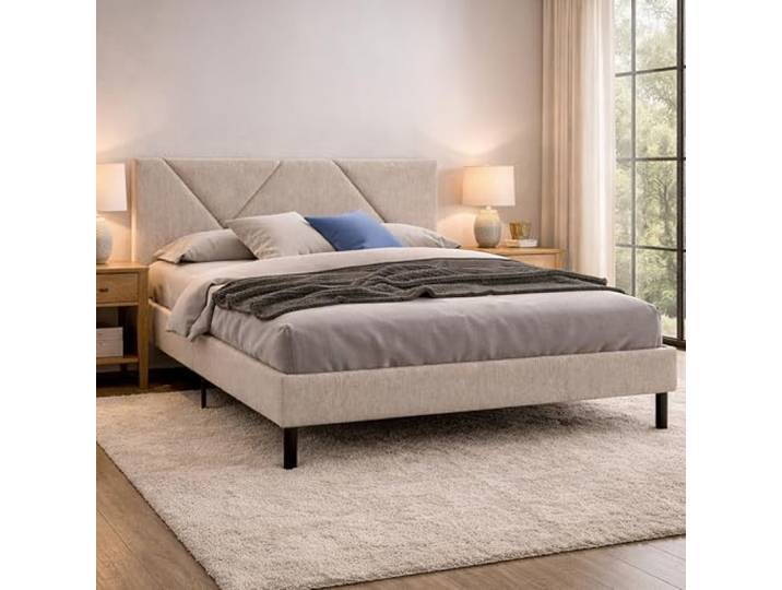 Dmora Doppelbett Tirino Beige Gepolstert, mit Lattenrost