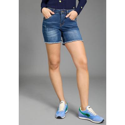 Jeanshotpants KANGAROOS, Damen, Gr. 38, N-Gr, blau (dunkelblau u), Denim/Jeans, Obermaterial: 76% Baumwolle, 16% Polyester, 7% Viskose, 1% Elasthan, Destroyed-Effekte, bequem kurz, Jeans, kurze Schnittform, mit Destroyed-Effekten, klassische...