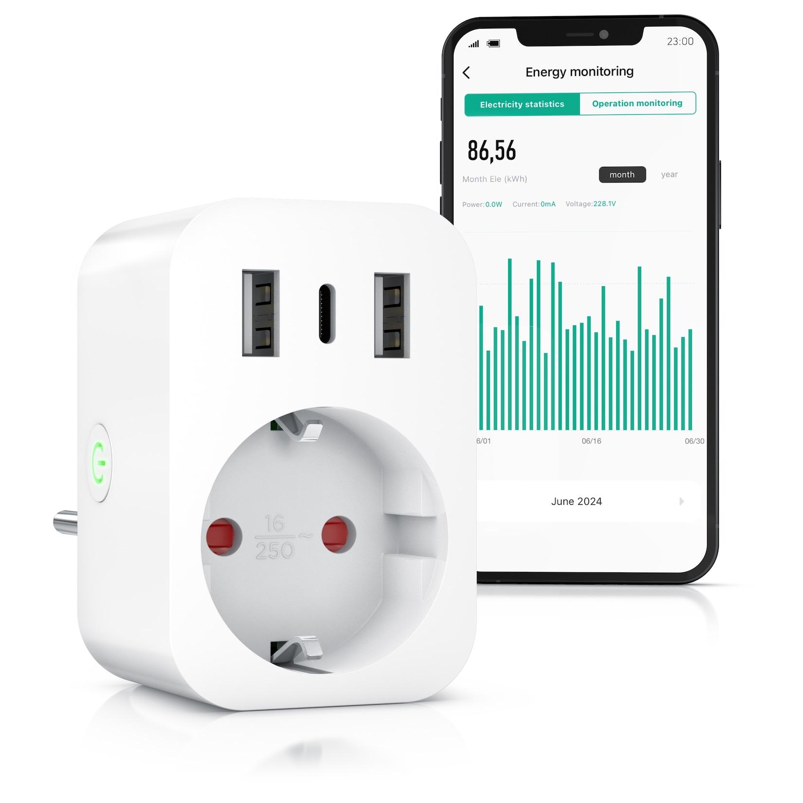 BEARWARE WLAN-Steckdose mit USB, 2,4Ghz WiFi Fernsteuerung per Smart life App, Sprachsteuerung, Zeitschaltuhr, Energiekostenmessgerät, USB-Ladegerät