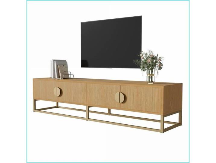Meubles TV & Divertissement - Buffet TV 180 cm Veine de Bois - 4 Portes Soft-Close & Poignées Dorées