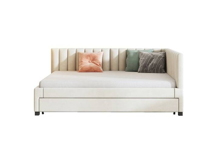 VLIVRA Lit gigogne 3 places banquette avec lit coulissant 140×200 cm et 90×190 cm - sans matelas - Velours Beige