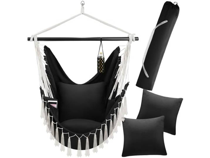 tectake® Fauteuil Suspendu Hamac Intérieur & extérieur\, Fauteuil Relax\, Fauteuil de Lecture 1 Place Balancelle\, 2 Coussin Chaise Inclus Decoration Salon cocooning Jardin