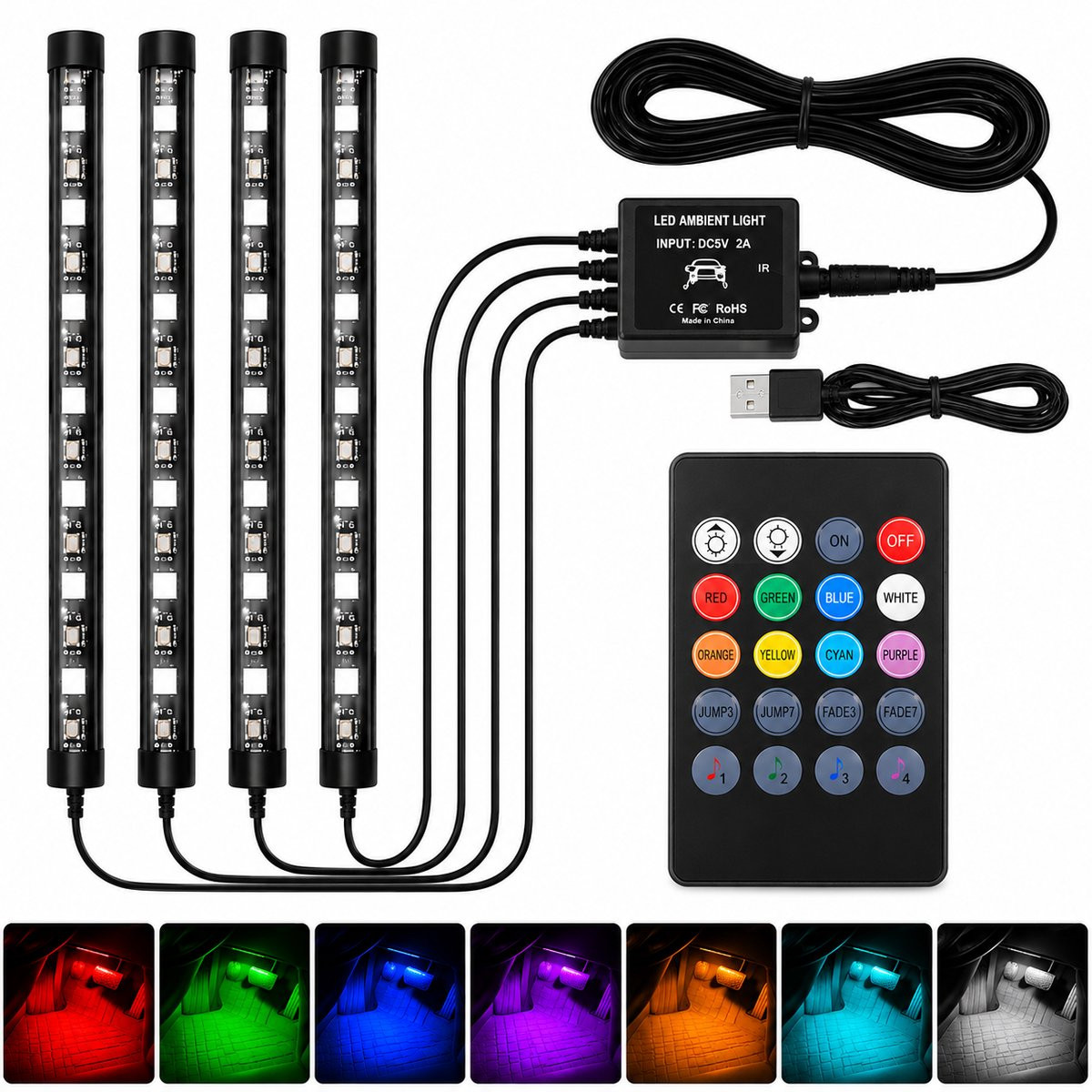 Multicolor LED Auto Interieur Sfeerverlichting met Afstandsbediening en USB-aansluiting