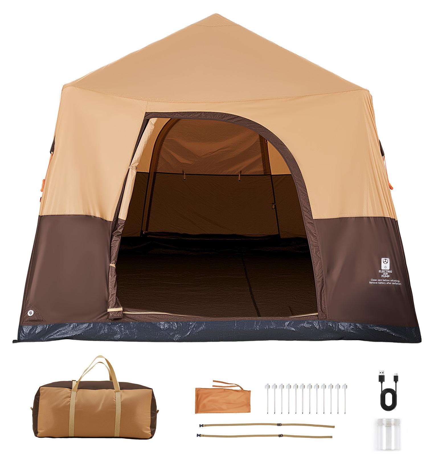 SucceBuy Aufblasbares Campingzelt für 8 Personen, Familienzelt mit wiederaufladbarer Pumpe, TPU-Luftschlauch & 4 Netzfenstern, geräumiges Zelt mit Tragetasche für Camping & Wandern, Beige