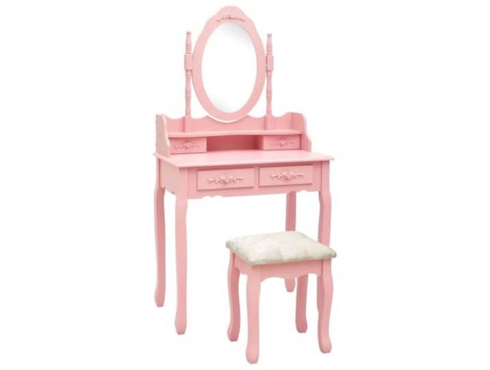 HKQWPBF Schminktisch-Set mit Hocker Rosa 75x69x140 cm Paulownia-Holz 4 Schubladen, offenes Fach, gepolsterter Hocker, eingebauter Spiegel, geschwungene Beine
