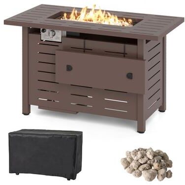 Costway 40 Inch Outdoor Propane Fire Pit Rectangle Gas Fire Table with Lava Rocks-Brown