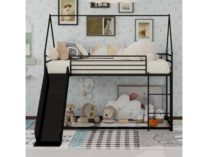 Lit superposé - KOMHTOM - Design maison - 90x190 cm - Cadre métal - Toboggan & échelle