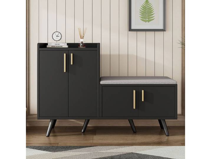 O.Ye Meuble a chaussures avec quatre portes de rangement Banc à chaussures moderne en bois de noyer noir 120x MEUBLE A CHAUSSURES