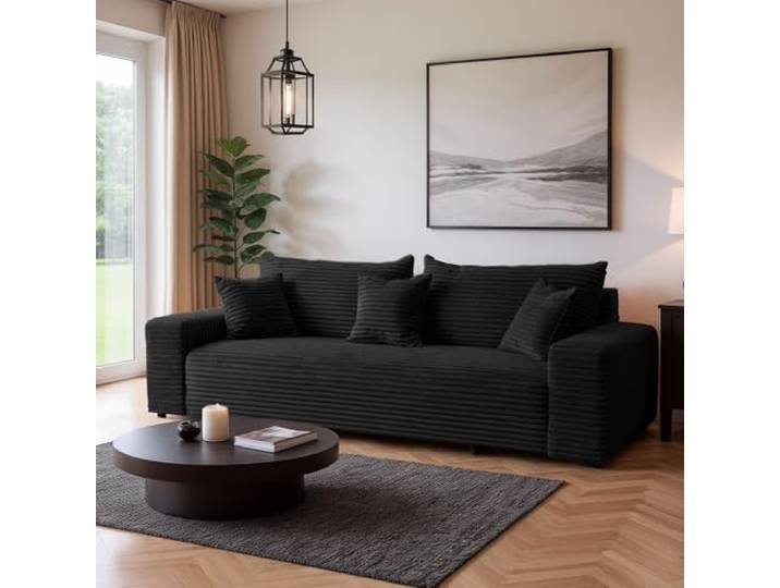 SOFILAND Cordo Schlafsofa 265×150 cm mit Bettkasten – Cord Sofa TILIA Breitcord, SoftTouch Komfort, 3-Sitzer Couch, abnehmbare Kissen, Easy Clean & Pet Friendly (Schwarz)