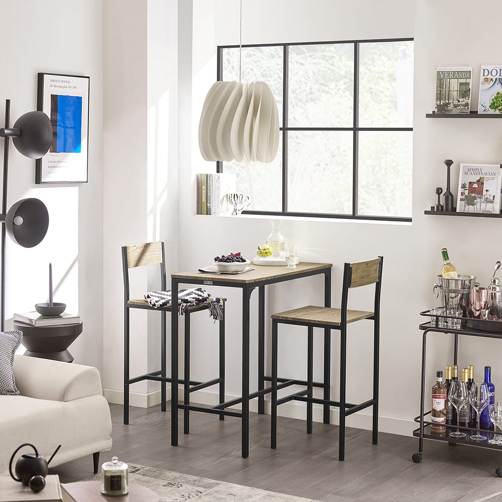 SoBuy Set de 1 table et 2 chaises de bar effet bois et métal noir Marron 89x87x45cm