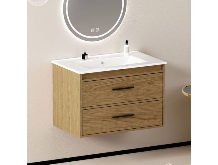 Maisentiel Meuble sous vasque suspendu 75 cm chêne clair avec vasque céramique et 2 tiroirs