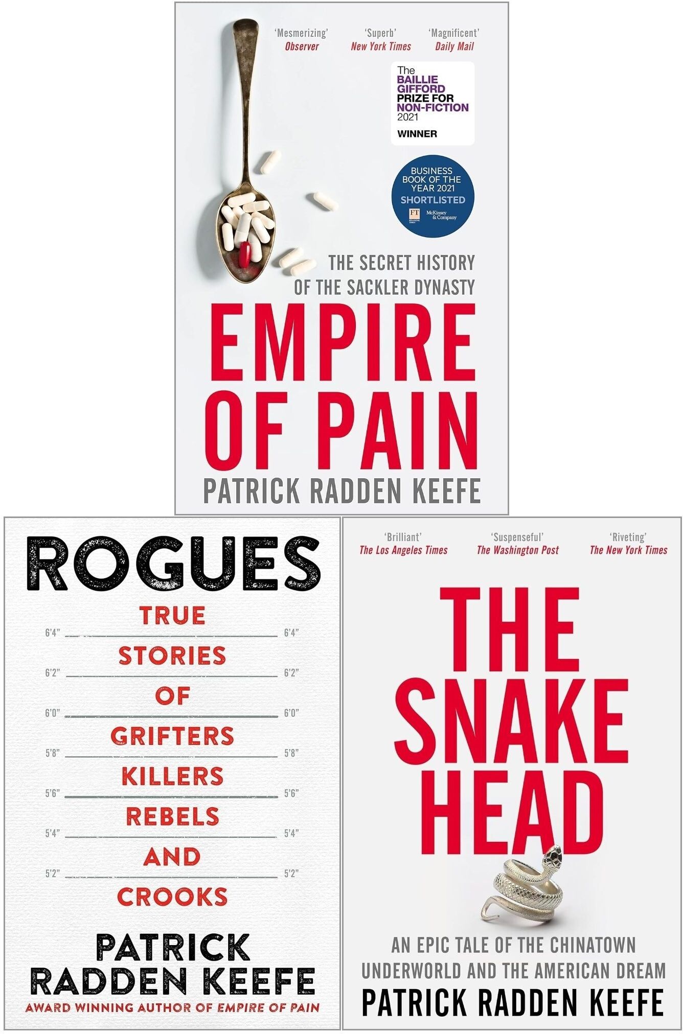 Picador Patrick Radden Keefe 3 Books Collection Set (Rogues, The Snakehead, Empire of Pain)