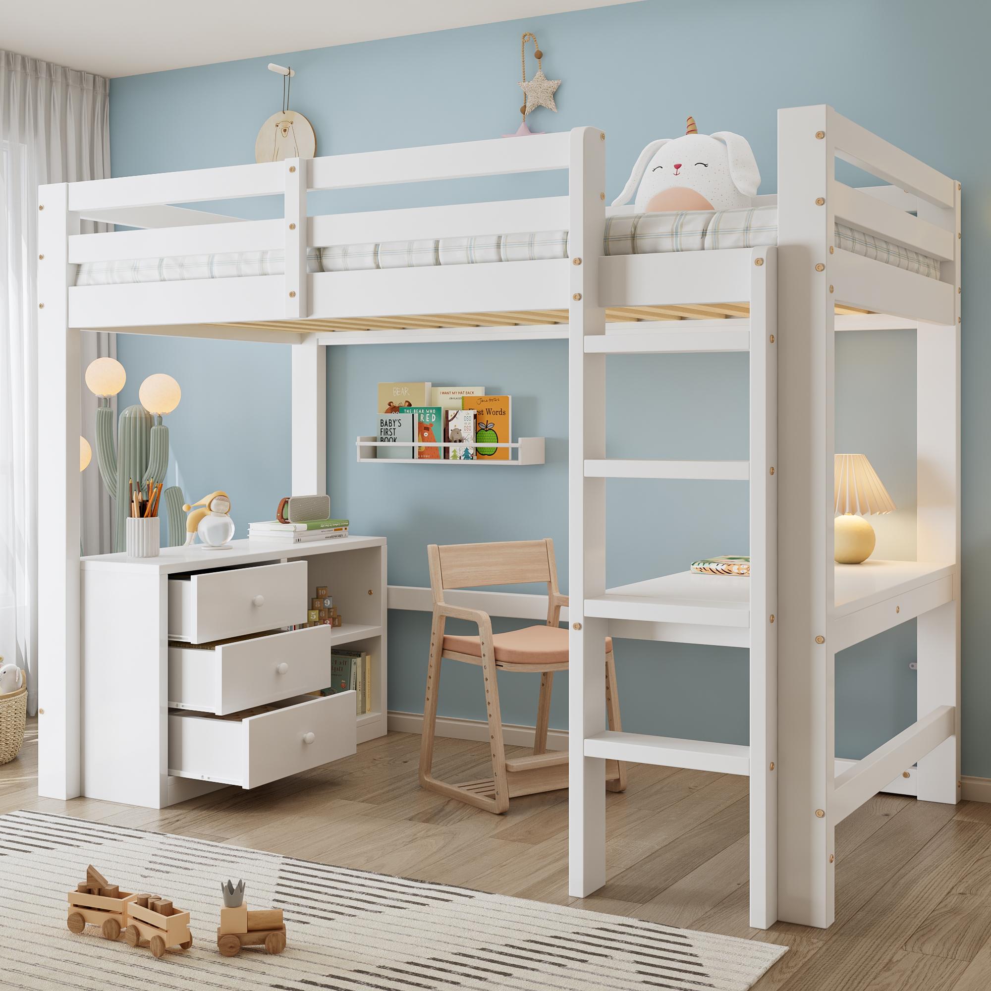 Flieks Etagenbett 90x200cm mit Schreibtisch, Hochbett mit Schrank und Schubladen, Kinderbett Einzelbett mit Leiter und Rausfallschutz, Weiß