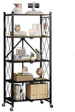 SUGIFT 5-Tier Foldable Metal Storage Shelf on Wheels No-Assembly Heavy-Duty Rolling Organizer 750-lb Capacity for Garage and Home Black