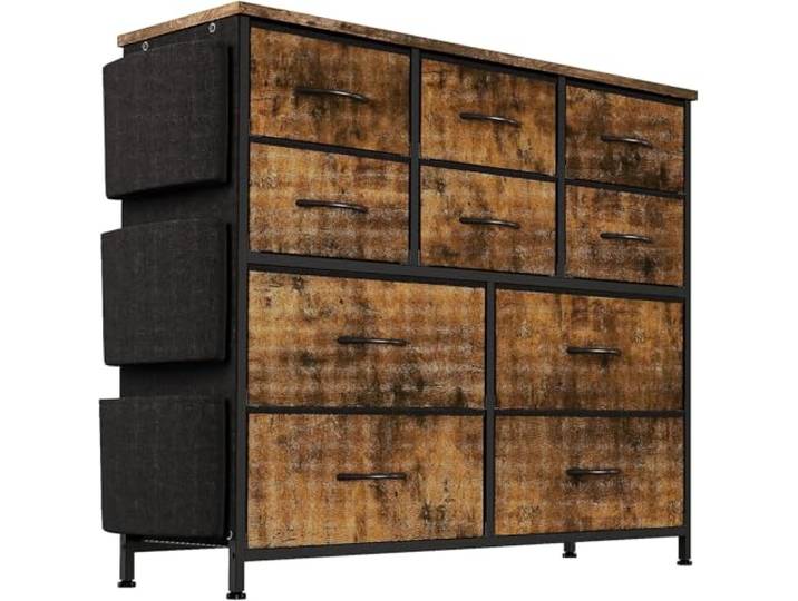 Zstar Kommode für Schlafzimmer mit Schubladen, Aufbewahrungsschrank aus Stoff mit Metallrahmen, Moderne Dekoration Holztischplatte Kommode mit 10 Schubladen für Schlafzimmer, Flur,Braun