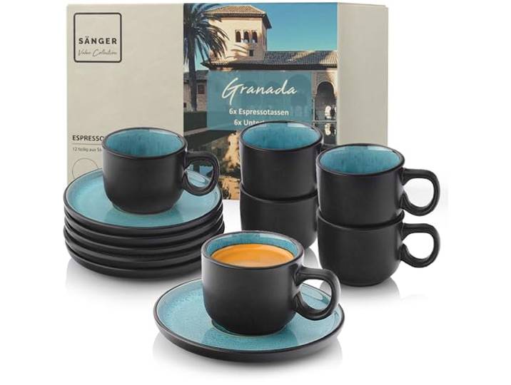 SÄNGER Granada Espressotassen Set Steingut 12 tlg, Mokka Tassen Set 6 Per sonen, Tassen & Untertassen - spülmaschinenfest mikrowellenfest - Tassenset blau mit schwarzem Rand 80 ml